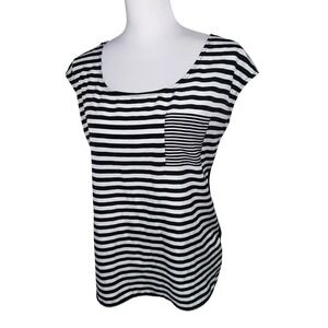 Studio‎ Y Striped Blouse Medium Black White Cap Sleeve Pocket Keyhole Back Y2K